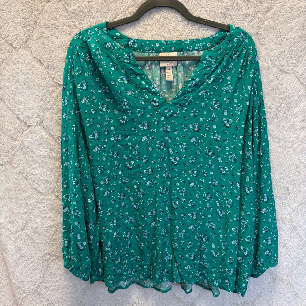 Green Ditsy Floral Long Sleeve Blouse Cottagecore Boho Spring Fall Plus Size 2X - Picture 3 of 7